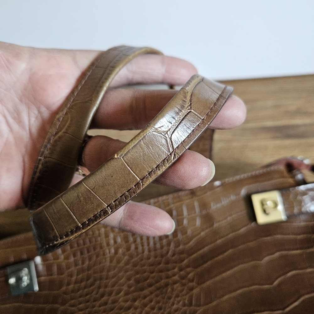 Vintage Cole Chocolate Brown Aux Crocodile Imprint Satchel Bag - Picture 10 of 16